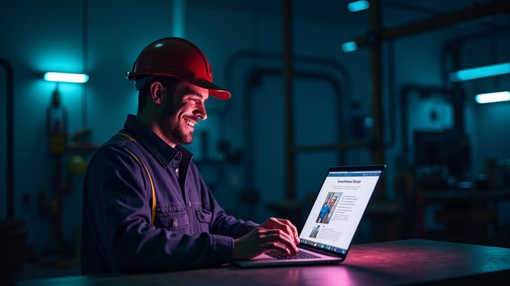 Tradie reviewing his new website on a laptop in a workshop