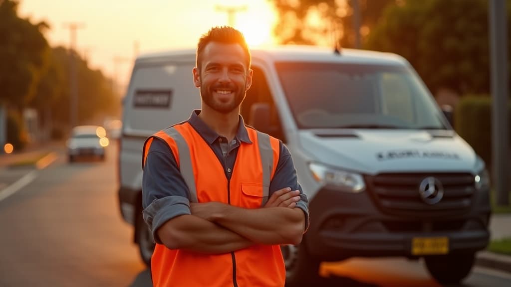 Confident tradie electrician with branded work van