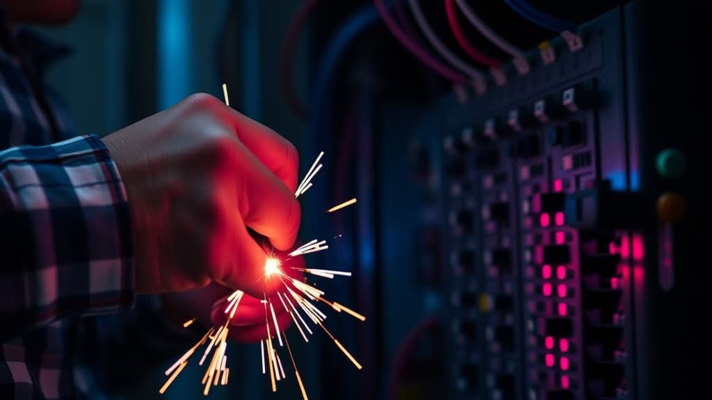 Electrician working on an electrical panel with dramatic blue lighting