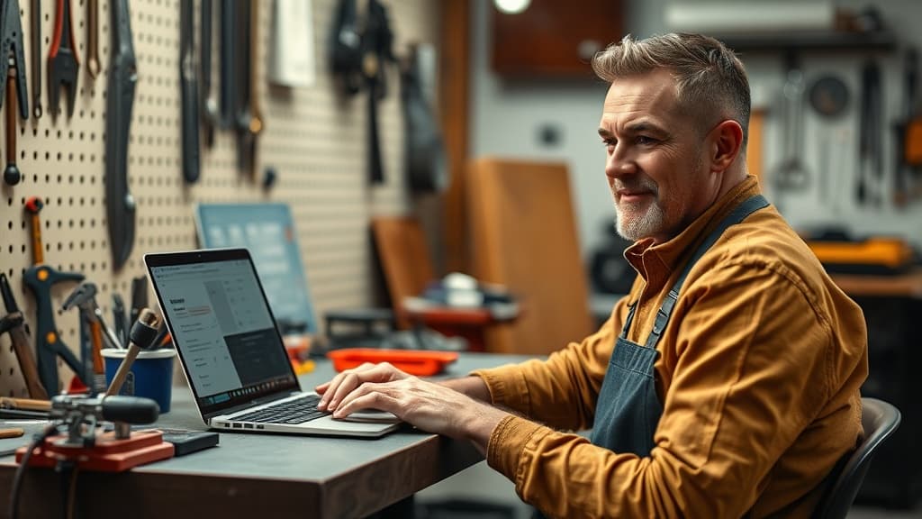 Tradie calculating monthly subscription value with tools and a laptop