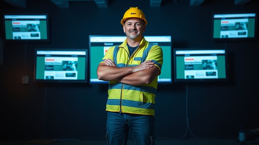Australian tradie standing confidently with a professional website displayed on screens behind him