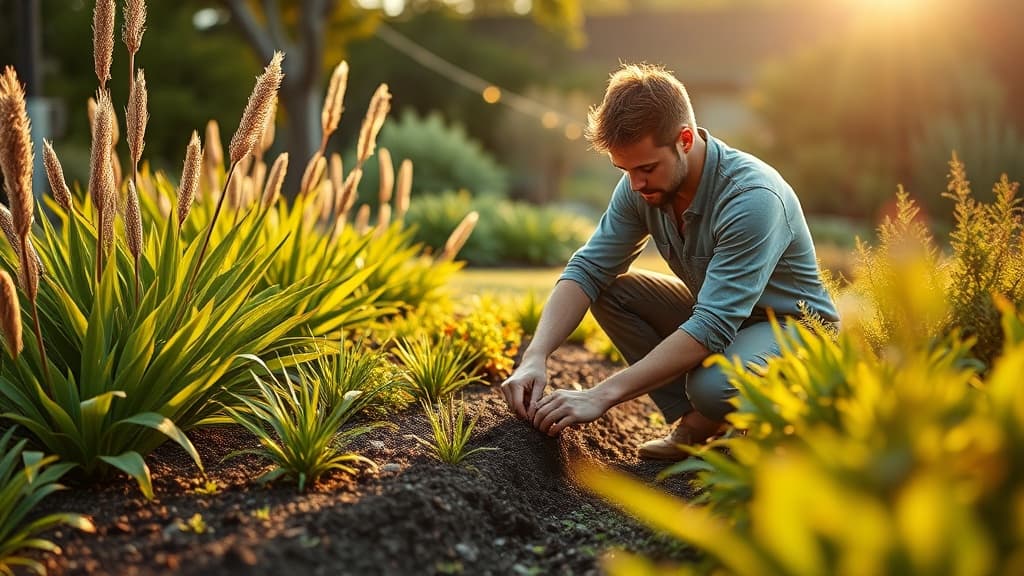 Landscaper working in a beautiful Australian garden with lush green plants