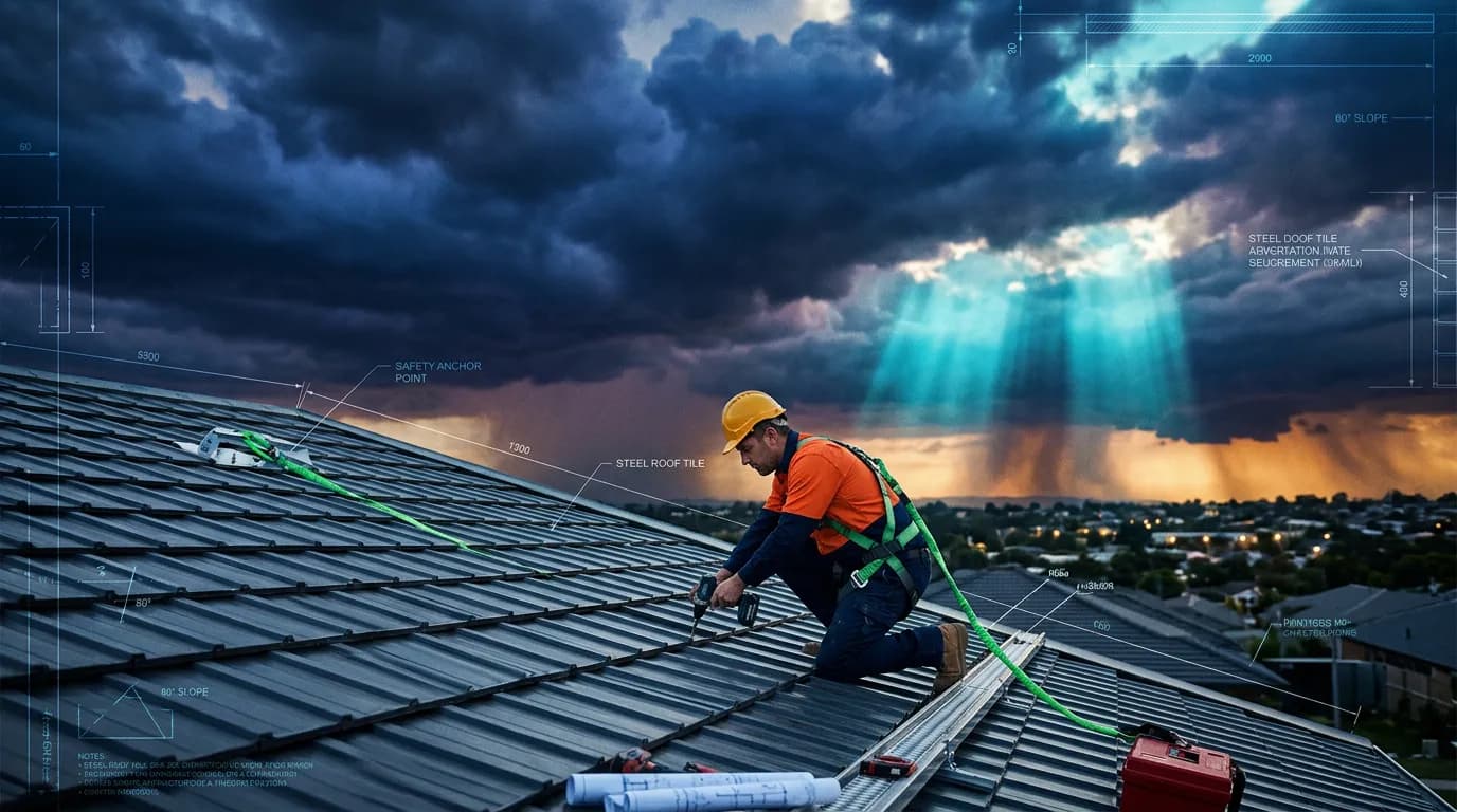 Professional roofer on rooftop