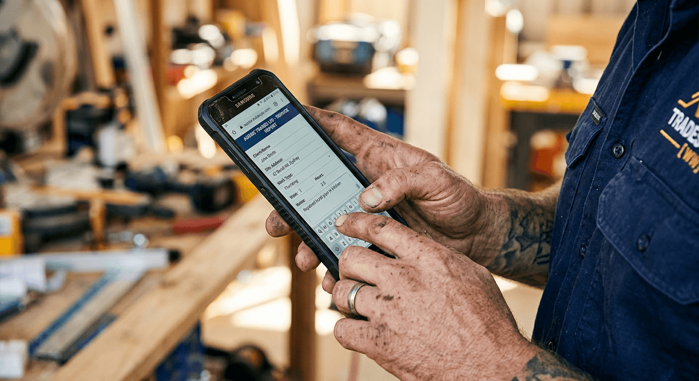Tradesman filling out an online form on a phone