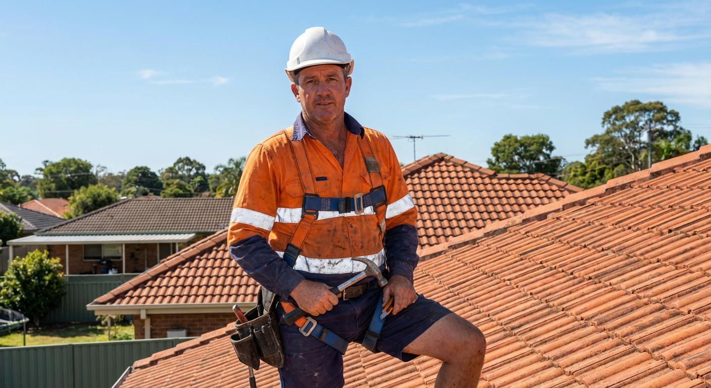 Roofer installing tiles on residential roof - Roofing website Melbourne Australia